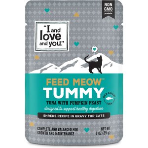 I and Love and You Feed Meow Tummy Tuna & Pumpkin Feast Grain-Free Chunks In Gravy Wet Cat Food, 3-oz pouch, case of 24