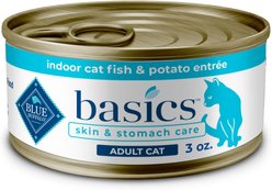 Blue Buffalo Basics Skin & Stomach Care Grain-Free Fish & Potato Entree Indoor Adult Canned Cat Food, 3-oz, case of 24