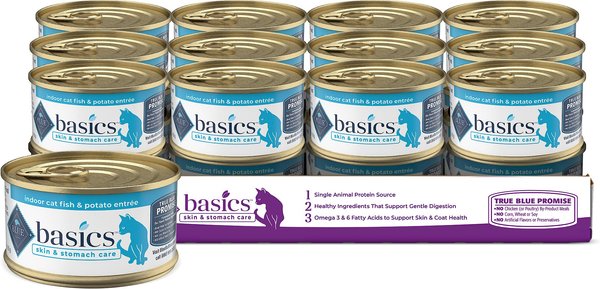 Blue Buffalo Basics Skin & Stomach Care Grain-Free Fish & Potato Entree Indoor Adult Canned Cat Food, 3-oz, case of 24 slide 1 of 10