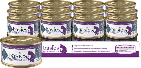 Blue Buffalo Basics Skin & Stomach Care Grain-Free Turkey & Potato Entree Indoor Adult Canned Cat Food, 3-oz, case of 24 slide 1 of 10