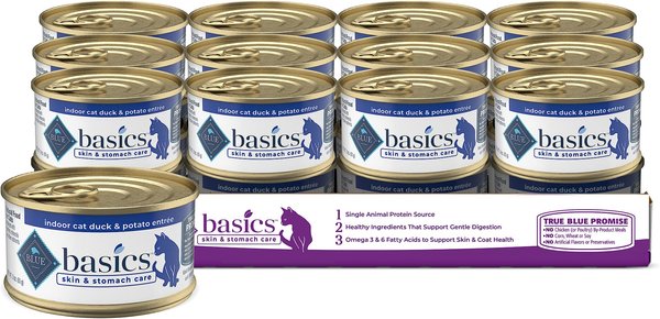 Blue Buffalo Basics Skin & Stomach Care Grain-Free Duck & Potato Entree Indoor Adult Canned Cat Food, 3-oz, case of 24 slide 1 of 10