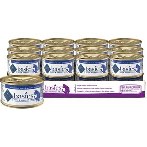 Blue Buffalo Basics Skin & Stomach Care Grain-Free Duck & Potato Entree Indoor Adult Canned Cat Food, 3-oz, case of 24