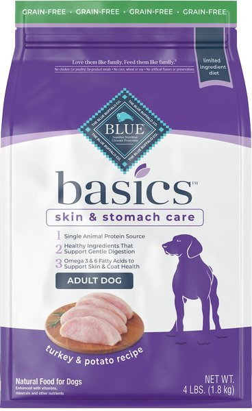 Blue Buffalo Basics Skin & Stomach Care Grain-Free Formula Turkey & Potato Recipe Adult Dry Dog Food, 4-lb bag slide 1 of 10