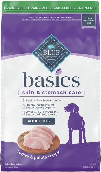 Blue Buffalo Basics Skin & Stomach Care Grain-Free Formula Turkey & Potato Recipe Adult Dry Dog Food, 24-lb bag slide 1 of 10