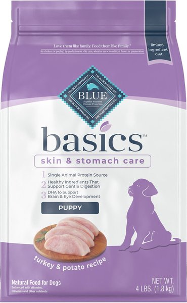 Blue Buffalo Basics Skin & Stomach Care Turkey & Potato Recipe Puppy Dry Dog Food, 4-lb bag slide 1 of 10