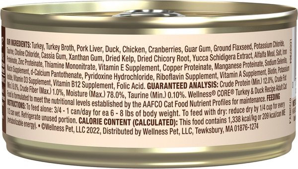 WELLNESS CORE Natural Grain-Free Turkey & Duck Pate Canned Cat Food, 5. ...