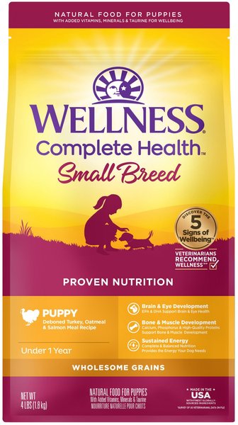 Wellness Small Breed Complete Health Puppy Turkey, Oatmeal & Salmon Meal Recipe Dry Dog Food, 4-lb bag slide 1 of 8