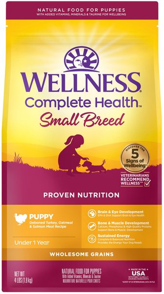 Wellness Small Breed Complete Health Puppy Turkey, Oatmeal & Salmon Meal Recipe Dry Dog Food, 4-lb bag