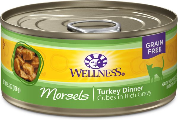 Wellness Morsels Turkey Dinner Cubes in Rich Gravy Grain-Free Canned Cat Food, 5.5-oz, case of 24 slide 1 of 7