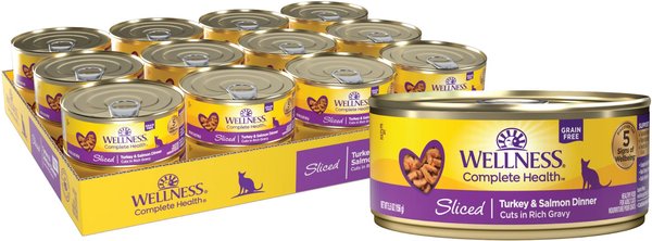 Wellness Sliced Turkey & Salmon Dinner Grain-Free Canned Cat Food, 5.5-oz, case of 24 slide 1 of 7