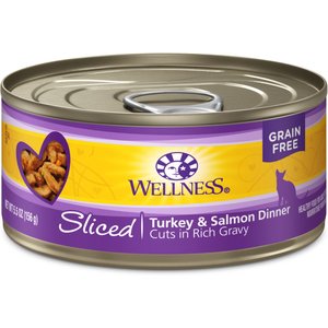 Wellness Sliced Turkey & Salmon Dinner Grain-Free Canned Cat Food, 5.5-oz, case of 24