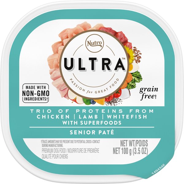 Nutro Ultra Grain-Free Trio Protein Chicken, Lamb & Whitefish Pate with Superfoods Senior Wet Dog Food Trays, 3.5-oz tray, case of 24 slide 1 of 8