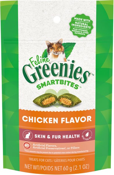 Greenies Feline SmartBites Healthy Skin & Fur Natural Chicken Flavor Soft & Crunchy Adult Cat Treats, 2.1-oz bag slide 1 of 11