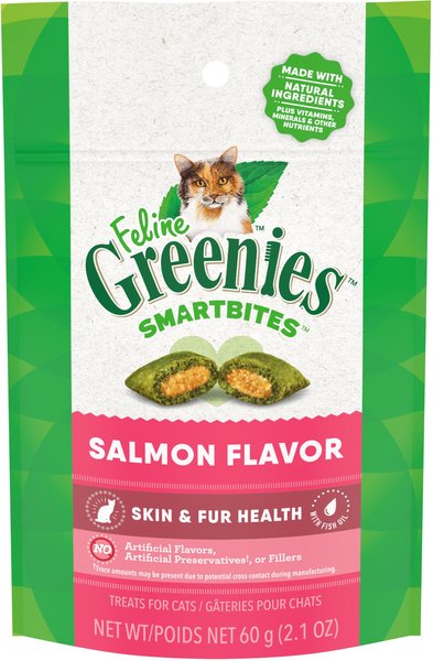 Greenies Feline SmartBites Healthy Skin & Fur Natural Salmon Flavor Soft & Crunchy Adult Cat Treats, 2.1-oz bag slide 1 of 10
