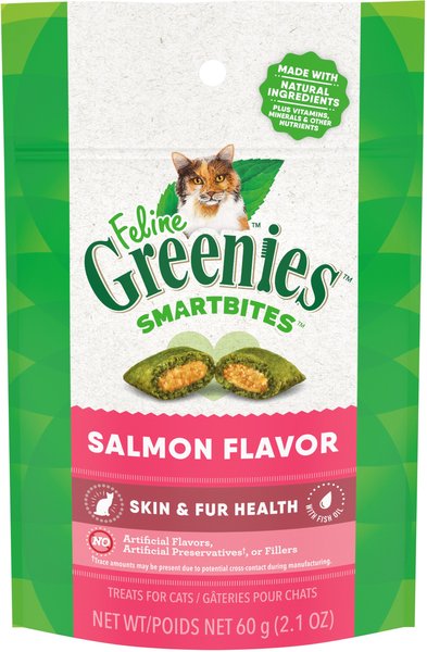 Greenies Feline SmartBites Healthy Skin Fur Natural Salmon Flavor Soft Crunchy Adult Cat Treats