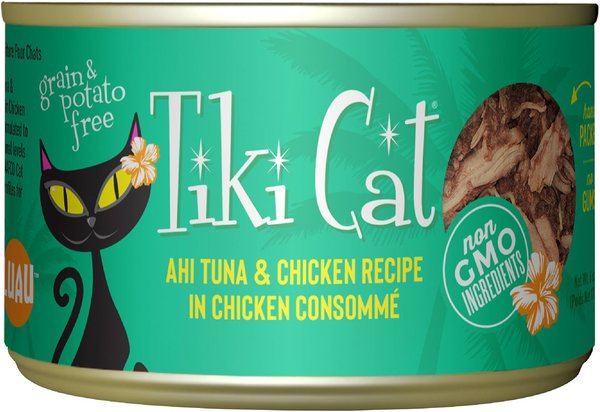 Tiki Cat Hookena Luau Ahi Tuna & Chicken in Chicken Consomme Grain-Free Canned Cat Food, 6-oz, case of 8 slide 1 of 9