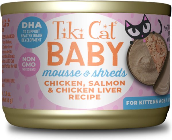 Tiki Cat Baby Grain-Free Chicken, Salmon & Chicken Liver Recipe Shreds & Mousse Wet Cat Food, 1.9-oz can, case of 3 slide 1 of 9