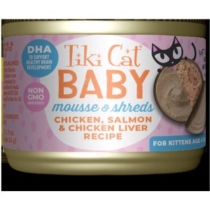 Tiki Cat Baby Grain-Free Chicken, Salmon & Chicken Liver Recipe Shreds & Mousse Wet Cat Food, 1.9-oz can, case of 3