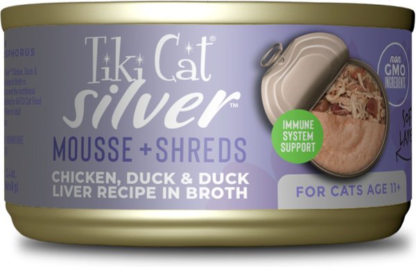 Tiki Cat Silver Chicken, Duck & Duck Liver Recipe in Broth Senior Shreds & Mousse Wet Cat Food, 2.4-oz can, case of 6 slide 1 of 9