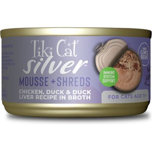 Tiki Cat Silver Chicken, Duck & Duck Liver Recipe in Broth Senior Shreds & Mousse Wet Cat Food, 2.4-oz can, case of 6