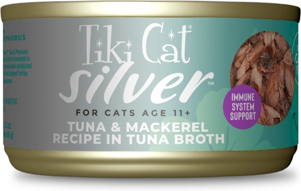 Tiki Cat Silver Tuna & Mackerel Recipe in Tuna Broth Senior Wet Cat Food, 2.4-oz can, case of 6 slide 1 of 9