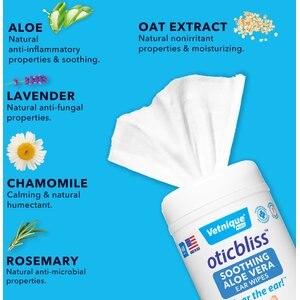 Vetnique Labs Oticbliss Aloe Vera with Essential Oils Dog & Cat Ear Wipes, 60 count