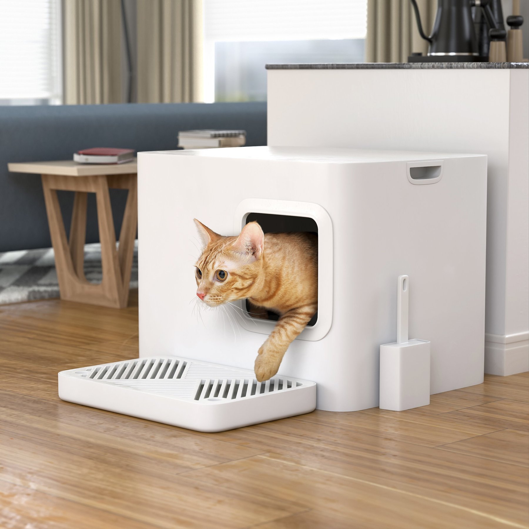 Meowy Studio Loo Cat Litter Box All in One Cover Litter Filter Plate Scoop and Holder in Aspen White