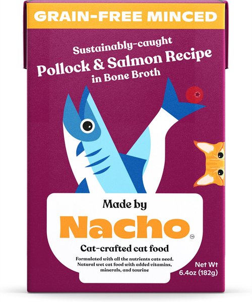 Made by Nacho Sustainably-Caught Pollock & Salmon Recipe in Bone Broth Minced Wet Cat Food, 6.4-oz tetra, case of 12 slide 1 of 5