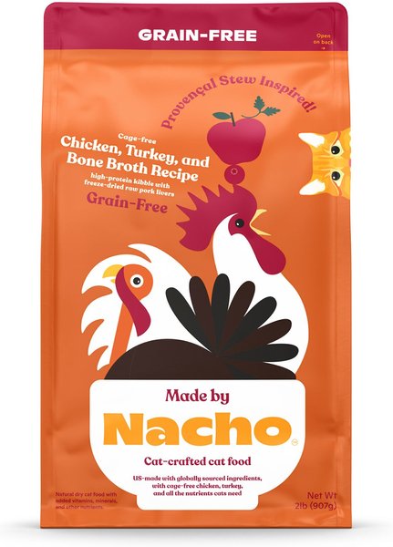 Made by Nacho Cage-Free Chicken, Turkey & Bone Broth Recipe with Freeze-Dried Raw Pork Livers Grain-Free High-Protein Dry Cat Food, 2-lb bag slide 1 of 9