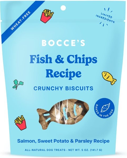 Bocce's Bakery Fish & Chips Biscuits Crunchy Dog Treats, 5-oz bag slide 1 of 2