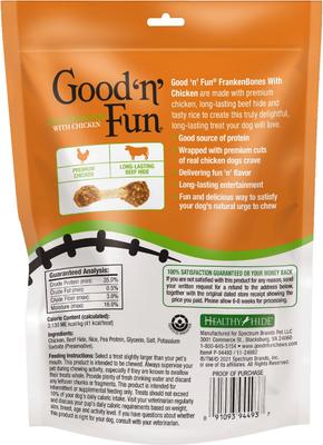 Show full view: Good 'n' Fun FrankenBones Rawhide Chicken Flavor Small Breed Chewy Dog Treats, 2-oz bag slide 3 of 10