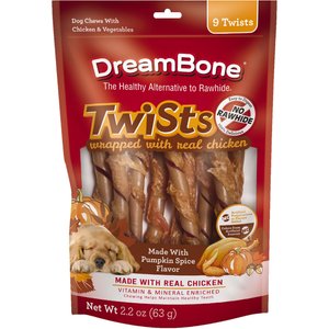 DreamBone Rawhide-Free Pumpkin Spice & Chicken Flavor Chewy Dog Treats, 2.2-oz bag, 9 count