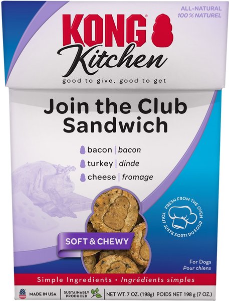 KONG Kitchen Join The Club Sandwich Grain-Free Bacon, Turkey & Cheese Chewy Dog Treats, 7-oz box slide 1 of 4