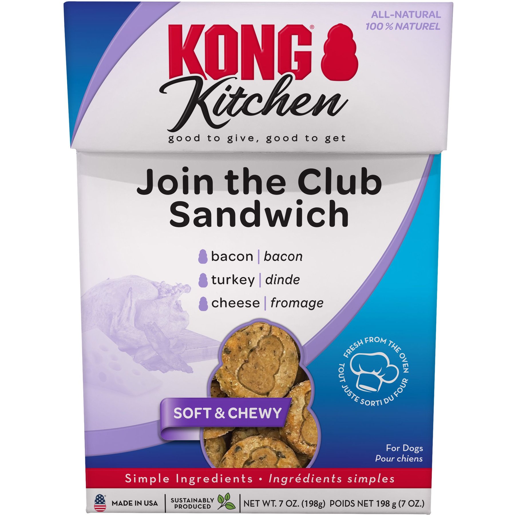 KONG Kitchen Join The Club Sandwich Grain-Free Bacon, Turkey & Cheese Chewy Dog Treats, 7-oz box