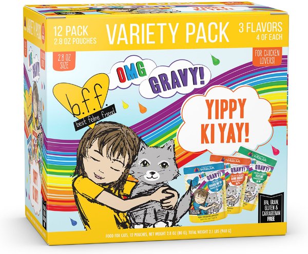 Weruva Best Feline Friend Oh My Gravy! Yippie Ki Yay Yellow Gravies! Variety Pack Grain-Free Wet Cat Food, 2.8-oz pouch, case of 12 slide 1 of 6