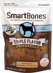 SmartBones Triple Flavor Dumbbells Real Peanut Butter, Chicken & Beef Dog Treats, 10 count
