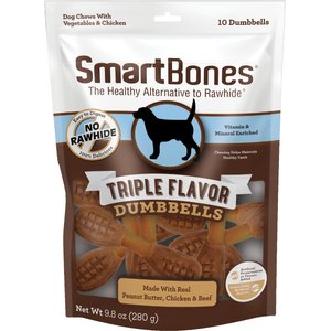 SmartBones Triple Flavor Dumbbells Real Peanut Butter, Chicken & Beef Dog Treats, 10 count