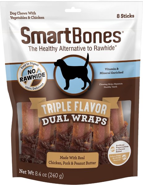 SmartBones Triple Flavor Dual Wraps Real Chicken, Pork & Peanut Butter Dog Treats, 8 count slide 1 of 9