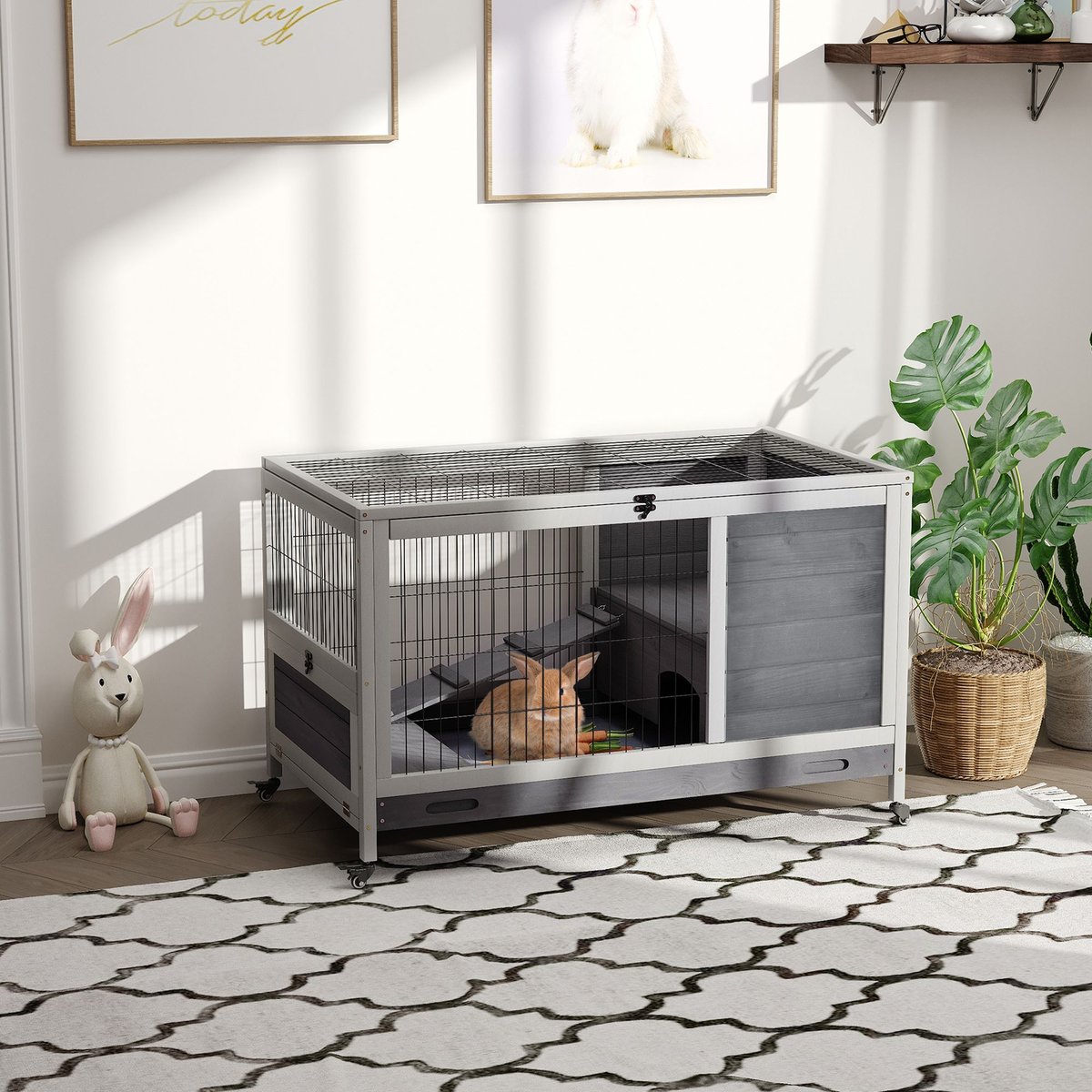 PAWHUT Elevated Wooden Indoor Rabbit Hutch, Grey