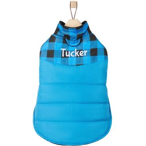 Frisco Personalized Boulder Plaid Insulated Dog & Cat Puffer Coat, Blue, X-Small
