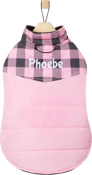 Frisco Personalized Boulder Plaid Insulated Dog & Cat Puffer Coat, Pink, Small slide 1 of 9
