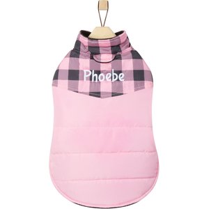 Frisco Personalized Boulder Plaid Insulated Dog & Cat Puffer Coat, Pink, Large