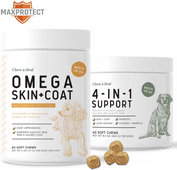 Chew + Heal 4-IN-1 Support Chews Dog Vitamin Supplement & Chew + Heal Omega Skin + Coat Chews Dog Vitamin Supplement, 120 count slide 1 of 10