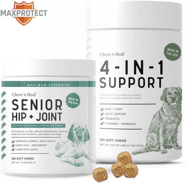 Chew + Heal 4-IN-1 Support Chews Dog Supplement & Chew + Heal Senior Hip + Joint Chews Dog Supplement, 240 count slide 1 of 9