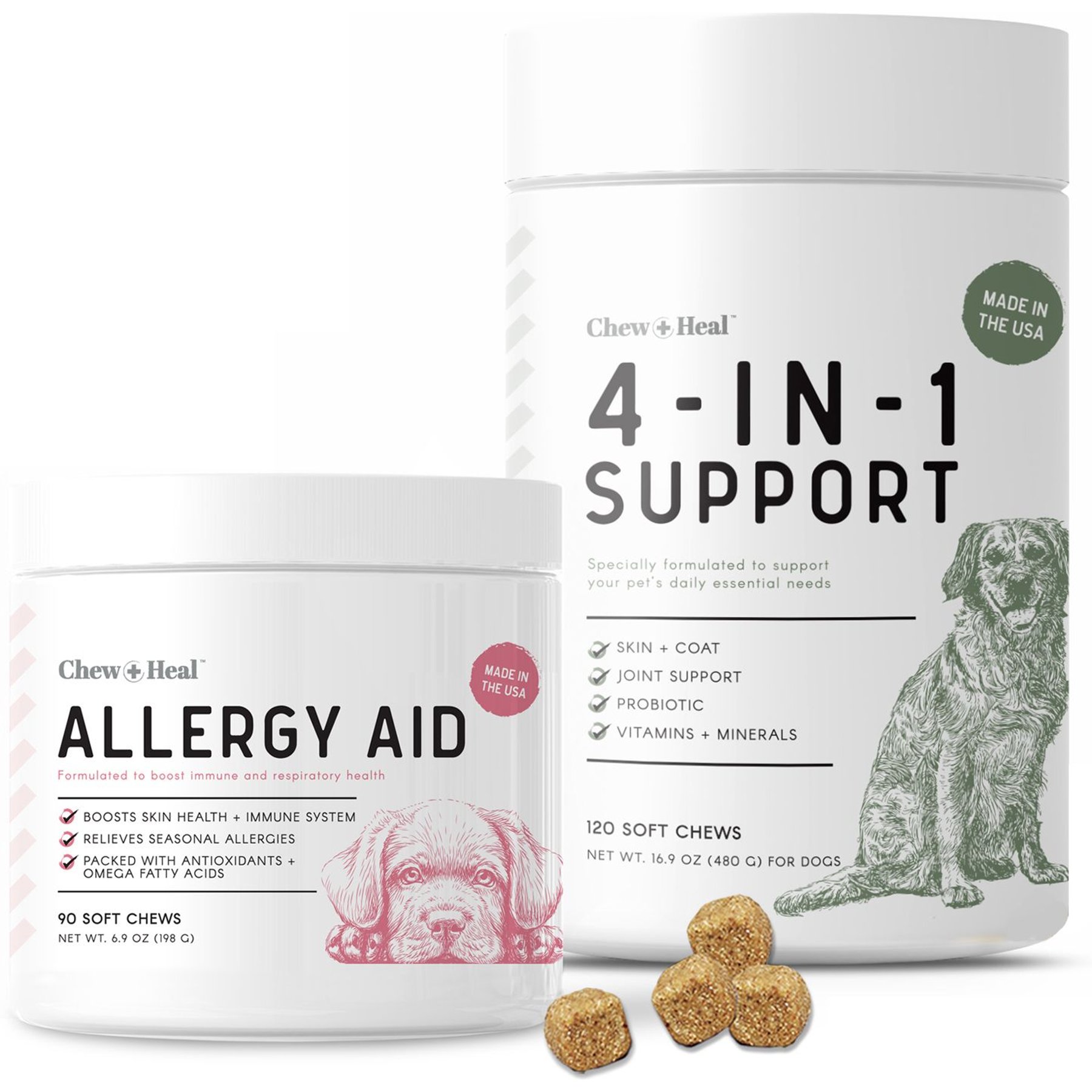Chew + Heal 4-IN-1 Support Chews Dog Supplement & Chew + Heal Allergy Aid Chews Dog Supplement, 210 count