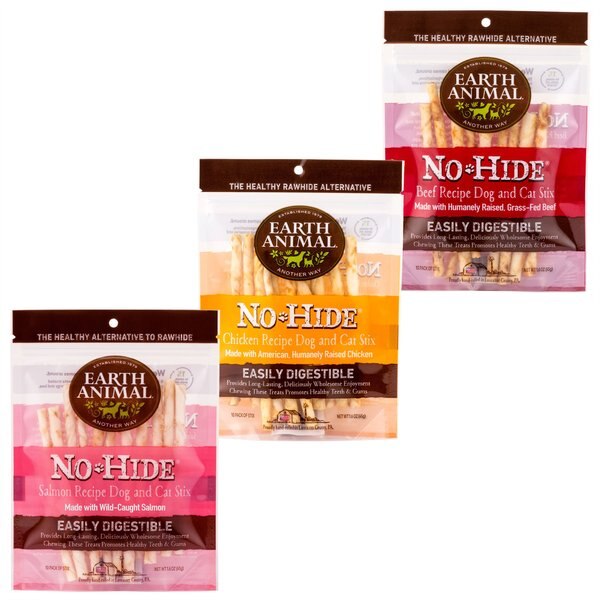 Variety Pack - Earth Animal No-Hide Grass-Fed Beef Stix Natural Rawhide Alternative Dog & Cat Chews, Chicken & Salmon Flavors slide 1 of 9