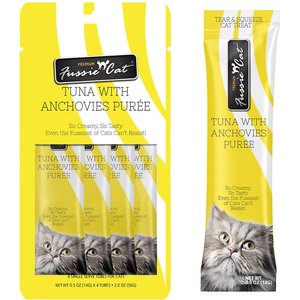 Fussie Cat Tuna Anchovies Puree Lickable Cat Treats, 2-oz pouch