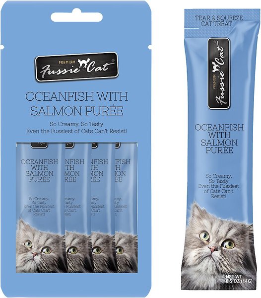 Fussie Cat Ocean Fish & Salmon Puree Lickable Cat Treats, 2-oz pouch