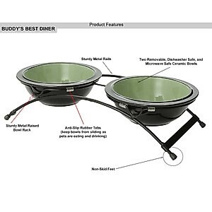 PetRageous Designs Buddy's Best Double Diner Elevated Dog & Cat Bowls, Sage, 2-cup