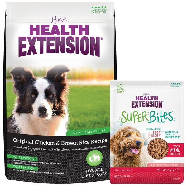 Health Extension Original Chicken & Brown Rice Recipe Dry Food+ Super Bites Beef Recipe Freeze-Dried Raw Dog Food Mixer slide 1 of 9